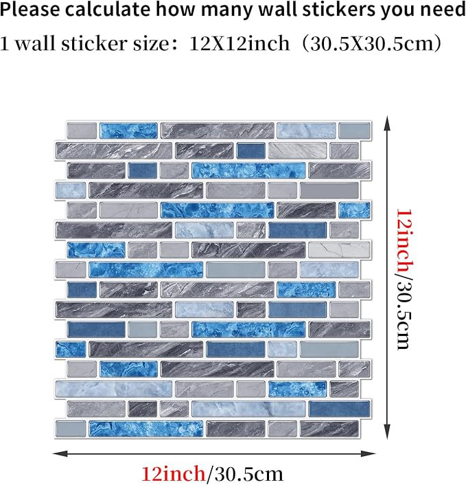 Alwayspon 10 Sheets 12" x12inch Grey and Blue Marble Effect Vinyl Tiles, Backsplash, Self-Adhesive Peel and Stick Wall Tile Stickers, Stick on Subway Tiles for Kitchen Bathroom Wall Decor