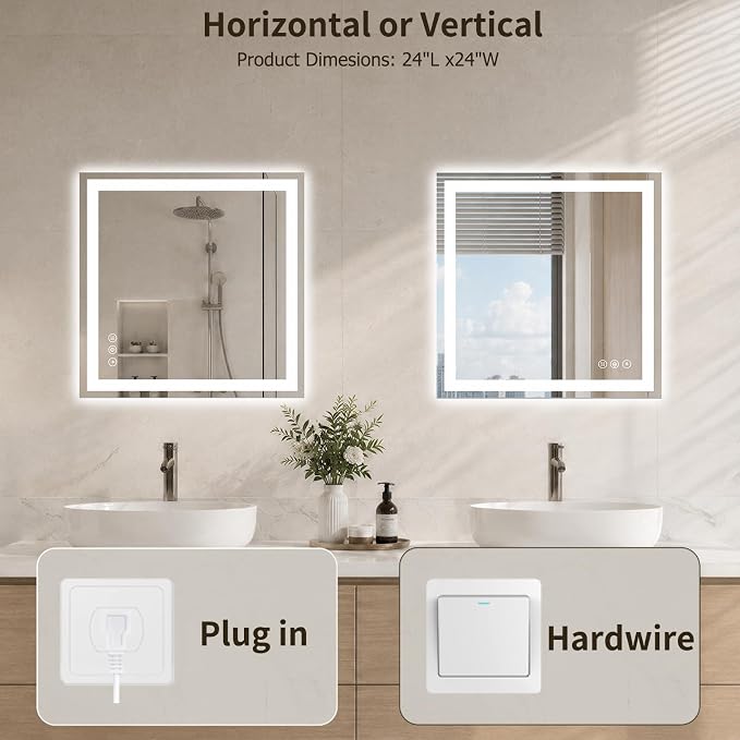24"x24" LED Bathroom Mirror with Lights, Anti-Fog, Backlit+Frontlit | CRI 95, Stepless Dimmable, 3 Colors Lighting, Shatterproof Tempered Glass, HD Reflection, Memory, (Horizontal/Vertical)