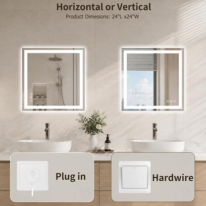 24"x24" LED Bathroom Mirror with Lights, Anti-Fog, Backlit+Frontlit | CRI 95, Stepless Dimmable, 3 Colors Lighting, Shatterproof Tempered Glass, HD Reflection, Memory, (Horizontal/Vertical)