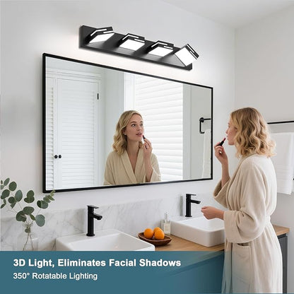 LED Modern Bathroom Vanity Light Fixtures,4-Light 28-inch Dimmable Matte Black Vanity Lights for Bathroom Lighting Fixtures Over Mirror, with 350° Rotatable Acrylic Heads (Cool White 6000K)
