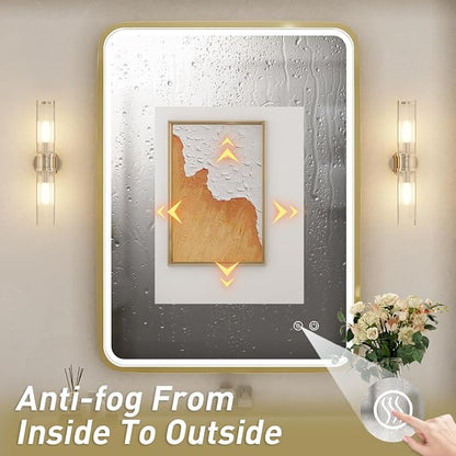 28x36 Inch LED Gold Frame Lighted Bathroom Mirror,3-Color | ETL Listed,Anti-Fog,3000K/4500K/6000K Dimmable,Horizontal & Vertical,Wall Mounted,Memory Function