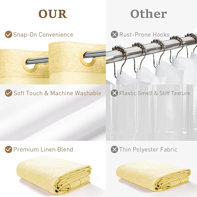 Yellow Ringless Linen Textured Shower Curtain with Snap in Liner 72x75 | 3 in 1 Modern Shower Curtain Set, Removable Liner, Waterproof & Washable, Mesh Top Window, Durable Fabric, Easy to Install