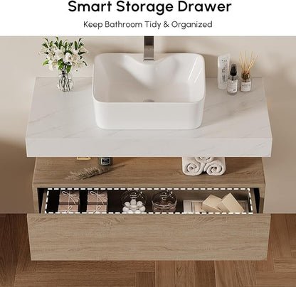 homary 35'' Floating Bathroom Vanity with Sintered Stone Countertop, Wall-Mounted Bathroom Cabinet with Ceramic Sink & Drawer Storage, Waterproof Modern Single Vanity, Natural
