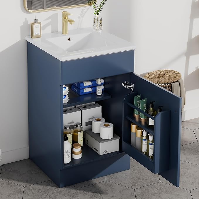 Christopher Knight Home Vanes Wood Frame 20" Bathroom Vanity with Ceramic Sink, Cabinet with Soft-Closing Door Shelf and Adjustable Shelf, Open Back, Metal Hardware, Storage/Organizer, Blue