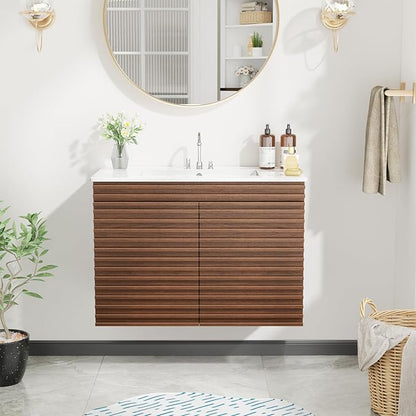 ROOMTEC 36" Bathroom Vanity with Ceramic Sink Combo, Mid-Century Wall Mounted Floating Bathroom Vanity Cabinet with 2 Closing Doors, Wood Grain Texture, Walnut