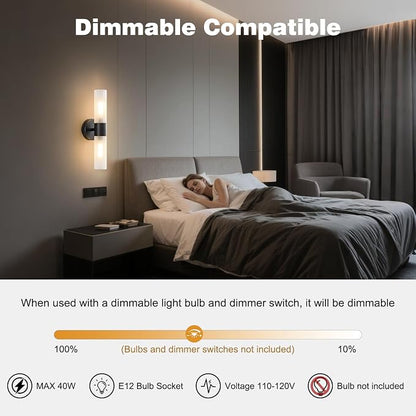Bathroom Light Fixtures 2-Light, Modern Vanity Light for Bathroom, Wall Sconce with Frosted Glass Rods Shades, Hardwired Wall Light Fixtures for Living Room Bedroom Hallway (Black)