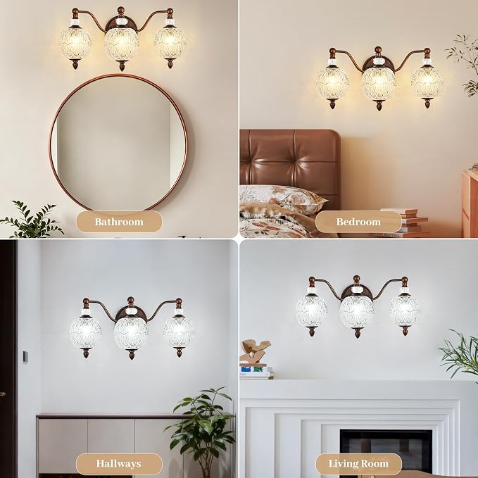 Vintage Bathroom Vanity Light, 3-Light Mid Century Antique Red Bronze Finish Wall Sconce with Globe Glass Shades, Retro Mirror Light for Bathroom, Powder Room