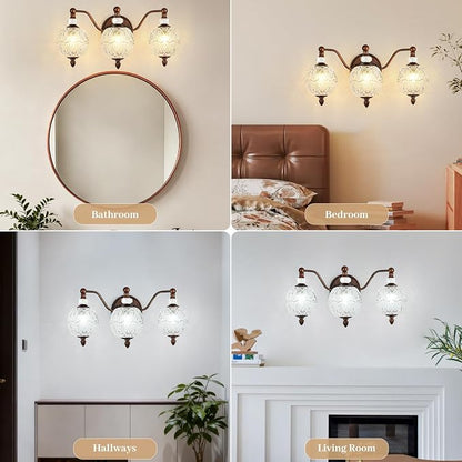 Vintage Bathroom Vanity Light, 3-Light Mid Century Antique Red Bronze Finish Wall Sconce with Globe Glass Shades, Retro Mirror Light for Bathroom, Powder Room