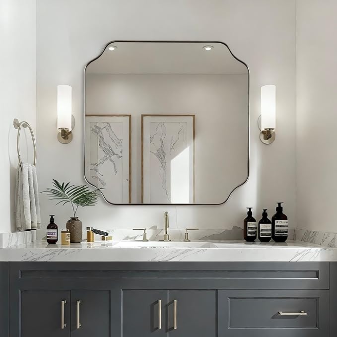 30"x30" Chrome Square Mirror, Polished Nickel Scalloped Bathroom Mirror for Over Sink, Modern Decorative Mirror with Designer Rounded Notched Corners, Anti-Rust SUS304 Frame