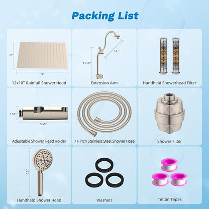 Hibbent 12" Dual Filtered 10" Rainfall Shower Head with Handheld 10-Spray | High Pressure Metal Brushed Nickel Showerhead Combo with Filter, Extension Arm with 4-way Diverter, 71'' Hose & Holder