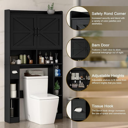 Vabches Over The Toilet Storage Cabinet with Barn Doors, Pure Black | Toilet Cabinet Rack, Space Saving Bathroom Organizer with Shelves, Toilet Paper Holder and Towel Rack for Bathroom,Laundry.