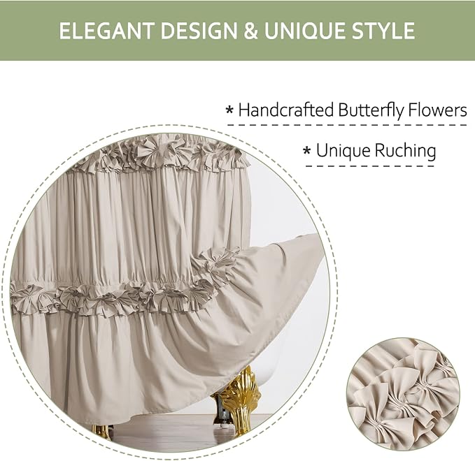 Homechoice Decor Camel Ruffle Shower Curtain 72" W x 72" H | Vintage Handcrafted Bow Tie Bath Curtain for Master Bathroom, Ruched Microfiber Bathroom Curtain with 12 Buttonholes (LQ-10)