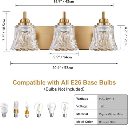 LmnLvn Brushed Gold Bathroom Light Fixtures, 3-Light Crystal Glass Shade | Mounted Over Mirror, Antique Brass Accents, Vintage Vanity Light for Bedroom & Living Room, Easy To Install