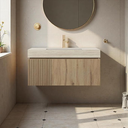 36" Bathroom Vanity with Sink, Wall-Mounted Plywood Bathroom Storage Cabinet with Ceramic Basin & Sintered Stone Countertop, Modern Pre-Assembled Floating Vanity with Drawer & Door, Oak