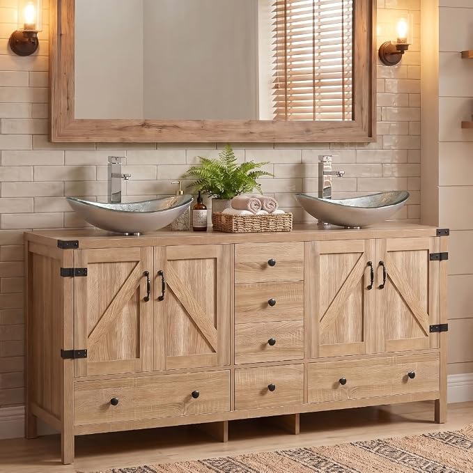 60 inch Natural Color Bathroom Vanity, Rustic Fixture Standing Pedestal Cabinet with Two Silver Boat Vessel Sinks