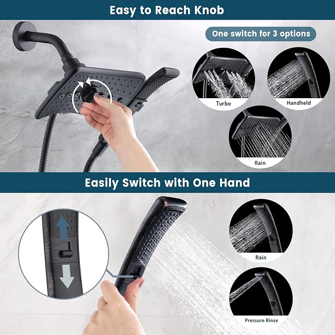 BRIGHT SHOWERS High Pressure Dual Shower Head Combo, Oil Rubbed Bronze Rainfall Showerhead with Detachable Handheld, 60" Stainless Steel Hose, Four Spray Settings