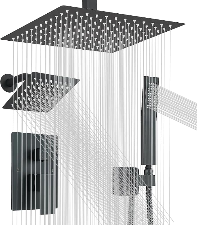 Shower Faucet Matte Black Shower System with 12" Celing+6" Wall Dual Rain Shower Head with Handheld Spray,Bathroom Luxury Brass Shower Valve with Shower Diverter Kit Shower Faucet Set Complete