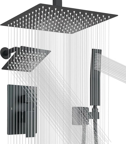 Shower Faucet Matte Black Shower System with 12" Celing+6" Wall Dual Rain Shower Head with Handheld Spray,Bathroom Luxury Brass Shower Valve with Shower Diverter Kit Shower Faucet Set Complete