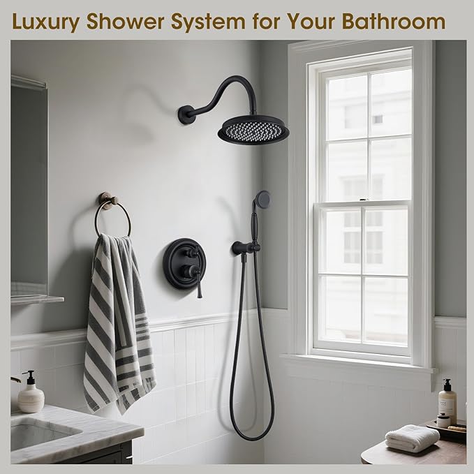 Rain Shower Head with Handheld Spray, Rainfall Shower System with Rough-in Valve, Shower Faucet Set with Pressure Balance Valve, 9 Inch Luxury Shower Trim Kit Wall Mount, Matte Black