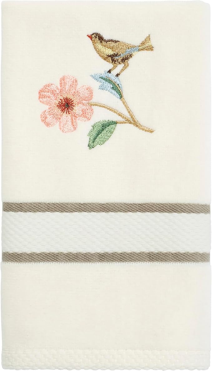 Avanti Linens – Bathroom Towel Set, Soft Ringspun Cotton Velour Bath Towel, Hand Towel & Fingertip Towel, Embroidered Bird & Floral Design, Set of 3 (Pretty Birds)