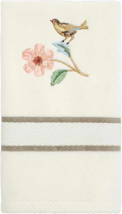 Avanti Linens – Bathroom Towel Set, Soft Ringspun Cotton Velour Bath Towel, Hand Towel & Fingertip Towel, Embroidered Bird & Floral Design, Set of 3 (Pretty Birds)