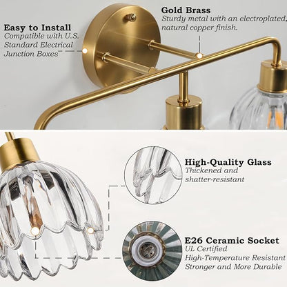 2-Light Gold Brass Bathroom Light Fixture with Clear Tulip Glass Shade,Wall Sconces,Vintage Vanlity Light Over Mirror,Bathroom Wall Light,E26 Socket(Bulbs Not Included)