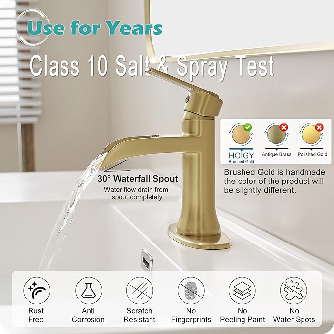 Brushed Gold Waterfall Bathroom Faucet Single Handle, 4 Inch 1 or 3 Hole Brass Bathroom Sink Faucets with Pop-Up Drain & Deck Plate for Vanity, Restroom, RV, Modern, 5 Mins Quick Install