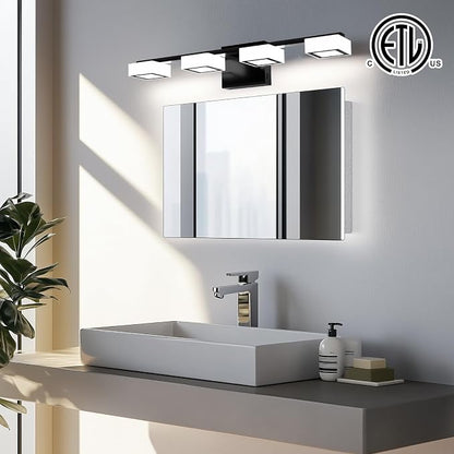 LED Modern Bathroom Light Fixtures, 4-Light Dimmable Vanity Lights with 5 Color Modes, Matte Black Acrylic Bathroom Wall Lighting Fixtures Over Mirror, 2700K- 6500K Adjustable, 25.5 Inch, ETL Listed