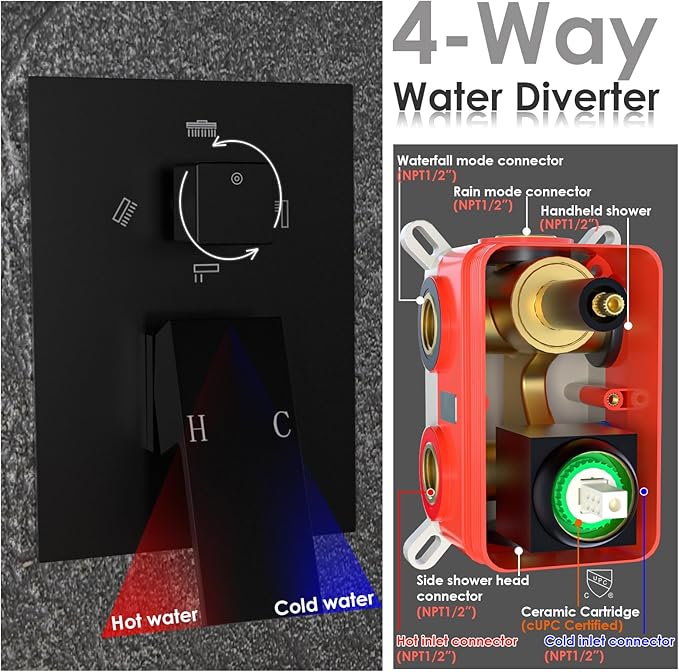 Enga Dual Shower Head System with Tub Spout, Ceiling Mount 10 Inch Shower Head with 6 Inch Wall Mount Shower Head, 4 Way Diverter Shower Faucet with 2 in 1 Handheld, Matte Black