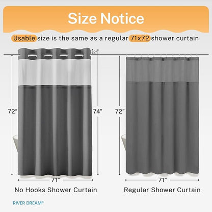 River Dream Heavyweight Waffle No Hook Shower Curtain with Liner,Gray,71x74 | Dotted Waffle,Snap-in Liner,Heavy Duty,Quick Dry,Mesh Top Window,With Bottom Magnets,Hotel-Grade,Washable,Standard Size