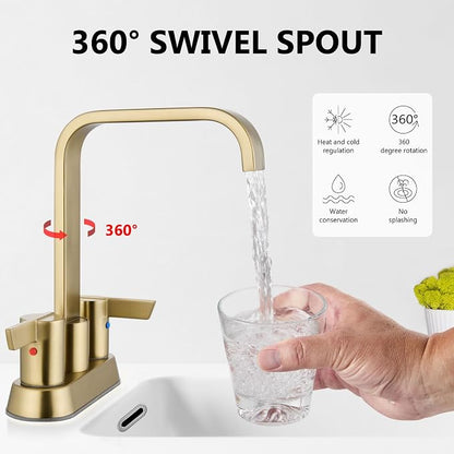 Brushed Gold Waterfall Bathroom Faucet 4 Inch Centerset,2-Handle | Stainless Steel 3-Hole Deck-Mount Design Includes Supply Lines and Pop-Up Drain for a Complete Vanity Installation