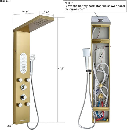 5-Jet LED Shower Panel Tower System Stainless Steel Brushed Gold | Rainfall head | 5 body jets | Handheld shower | LED lights | Brushed gold finish | Wall mount