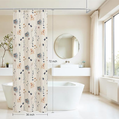 Blue Linen Watercolor Floral Fabric Shower Curtain, 36x72 | Linen Fabric, Modern Minimalist Floral Print, Machine Washable, Rustproof Grommets, for Bathroom Home