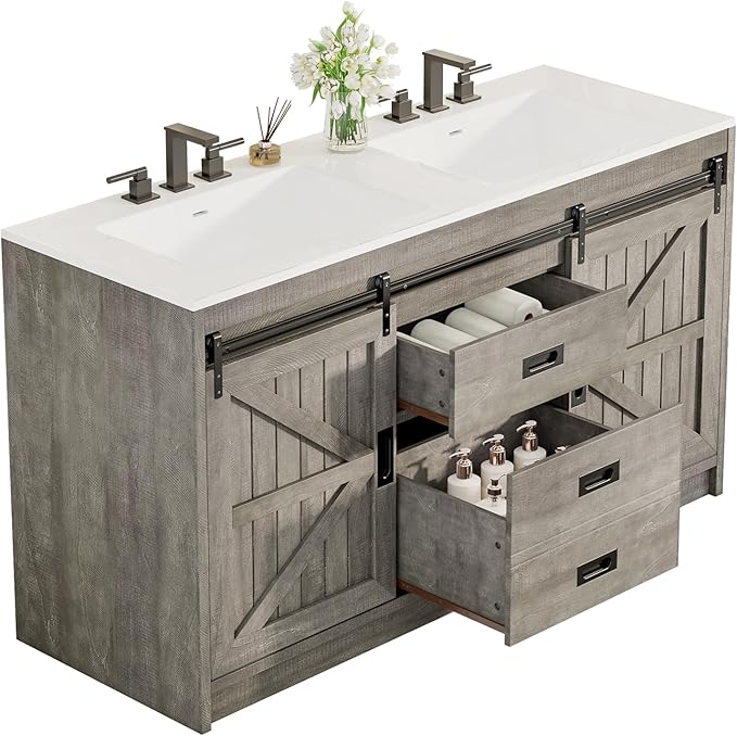 AMERLIFE Double Farmhouse Bathroom Vanity with Sink, 61in Sliding Barn Door Bathroom Storage Cabinet with Sliding Doors & Drawers, Dual Basin, Large Double Bath Vanity Sink Combo, Light Grey