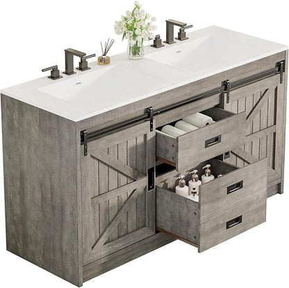 AMERLIFE Double Farmhouse Bathroom Vanity with Sink, 61in Sliding Barn Door Bathroom Storage Cabinet with Sliding Doors & Drawers, Dual Basin, Large Double Bath Vanity Sink Combo, Light Grey