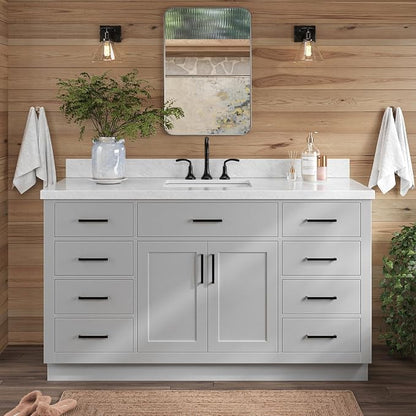 ARIEL Hepburn 60-inch Bathroom Vanity with Sink,Solid Wood, 1.5-inch Italian Carrara Marble Countertop, Single Rectangular Porcelain Sink, 2 Soft Closing Doors, 9 Dovetail Drawers, Grey
