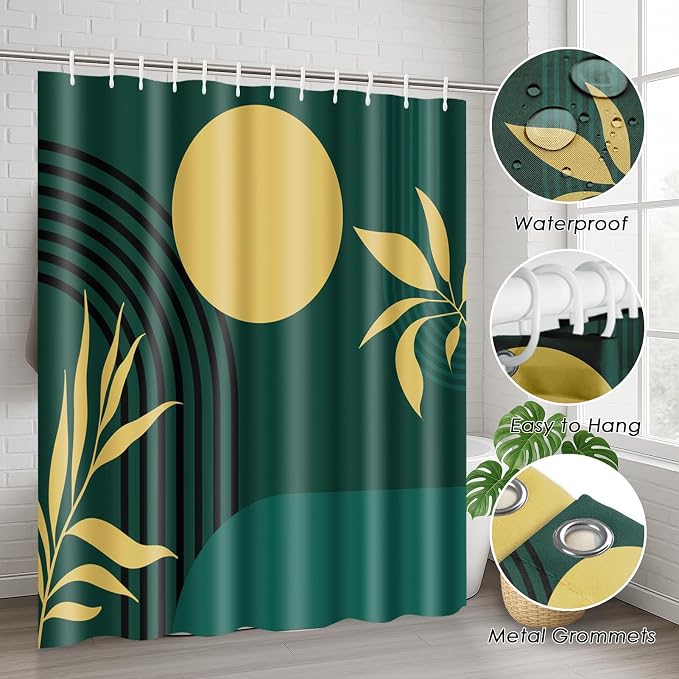 Bathroom Sets with Shower Curtain and Rugs 4 Pcs, Boho Geometric | Minimalist Midcentury Abstract Bathroom Decor Set with Toilet Lid Cover, Non-Slip Bath Mats and Accessories 12 Hooks