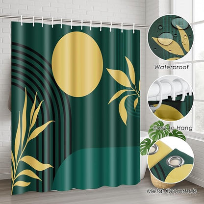 Bathroom Sets with Shower Curtain and Rugs 4 Pcs, Boho Geometric | Minimalist Midcentury Abstract Bathroom Decor Set with Toilet Lid Cover, Non-Slip Bath Mats and Accessories 12 Hooks