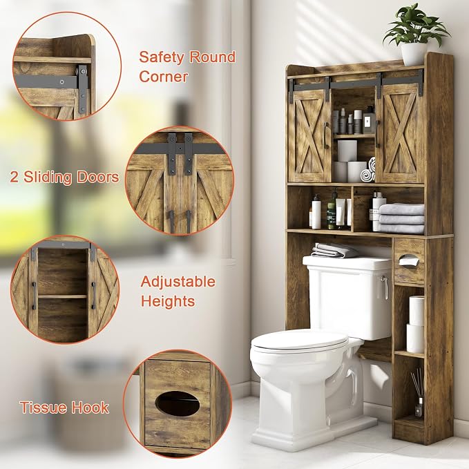Vabches Over The Toilet Storage Cabinet with Sliding Doors, Rustic Brown | Farmhouse Storage Cabinet Over Toilet, Home Space-Saving Toilet Rack, Toilet Paper Holder Stand,for Restroom,Bathroom,Laundry