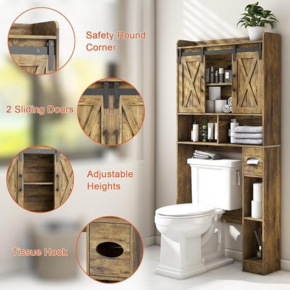 Vabches Over The Toilet Storage Cabinet with Sliding Doors, Rustic Brown | Farmhouse Storage Cabinet Over Toilet, Home Space-Saving Toilet Rack, Toilet Paper Holder Stand,for Restroom,Bathroom,Laundry