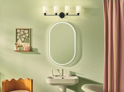 Kichler Gioe 32.25" 4-Light Vanity Light with Opal Glass in Black, Damp Rated, for Bathroom, Powder Room, Over a Mirror, (32.25" W x 10.5" H), 55227BK