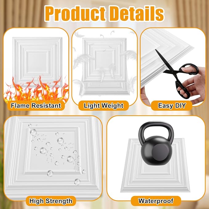 Nuanchu 60 Pcs Drop Ceiling Tiles 12x12 Inch, Glue up PVC Wall Panels,White | Cuttable, Paintable, DIY, Waterproof, 3D Decorative Ceiling Panels for Bathroom Kitchen TV Background Living Room