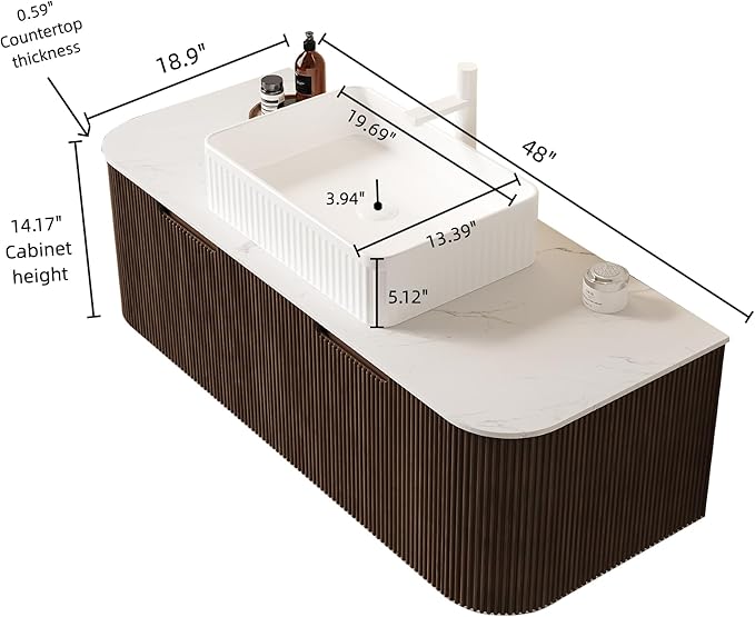 LKTART 48 Inch Floating Bathroom Vanity with Sink, Modern Wall Mounted Bathroom Storage Cabinet with Drawer, Square White Ceramic Sink Top and Marble Texture Top, Walnut