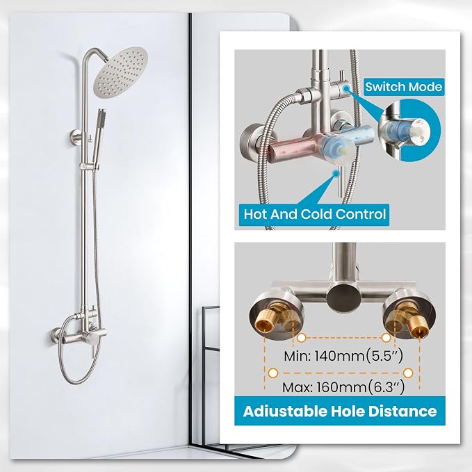gotonovo 304 Stainless Steel Outdoor Shower Fixtures Exposed,Brushed Nickel | 8 Inch Rain Showerhead with Handheld Sprayer Outdoor Outside Shower Kit System Faucet Head Valve Wall Mount for Pool Backyard