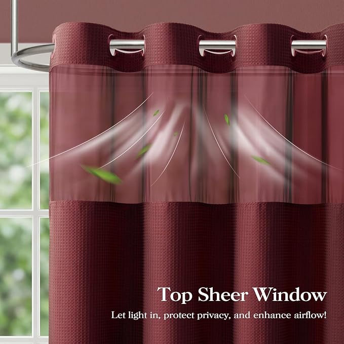 Burgundy Hook Free Waffle Shower Curtain & Snap Fabric Liner,72x81 | Less Time to install, 3 in 1 Fabric Shower Curtain and Liner Set with Magnets, Long, Shower Curtains for Bathroom