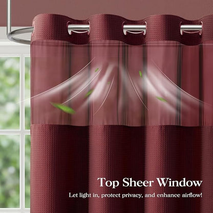 Burgundy Hook Free Waffle Shower Curtain & Snap Fabric Liner,72x81 | Less Time to install, 3 in 1 Fabric Shower Curtain and Liner Set with Magnets, Long, Shower Curtains for Bathroom