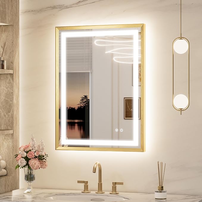 Keonjinn 24x32 Inch Gold LED Bathroom Mirror with Lights, HD Tempered Glass | Frontlit & Backlit, Lighted Bathroom Mirror, Beveled Edge , 3 Color Temperatures, Anti-fog, Stepless Dimmable