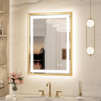 Keonjinn 24x32 Inch Gold LED Bathroom Mirror with Lights, HD Tempered Glass | Frontlit & Backlit, Lighted Bathroom Mirror, Beveled Edge , 3 Color Temperatures, Anti-fog, Stepless Dimmable
