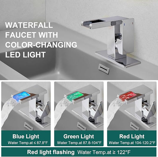 Hoimpro LED Waterfall Bathroom Faucet Polished Chrome, Single Handle Bathroom Sink Faucet 1 Hole, 3 Colors Light Changing, with Pop-up Drain and cUPC Supply Lines, Stainless Steel