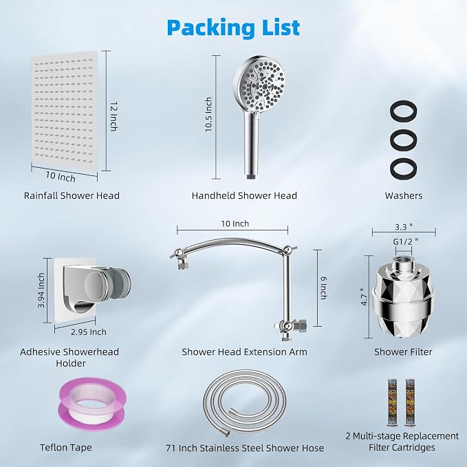 Hibbent 12" Dual Filtered Shower Head Combo, 10-spray Handheld, Chrome | All Metal High Pressure Rainfall Shower Head Combo with Filter, 16" Extension Arm, 3-way Diverter, 71" Hose & Shower Holder
